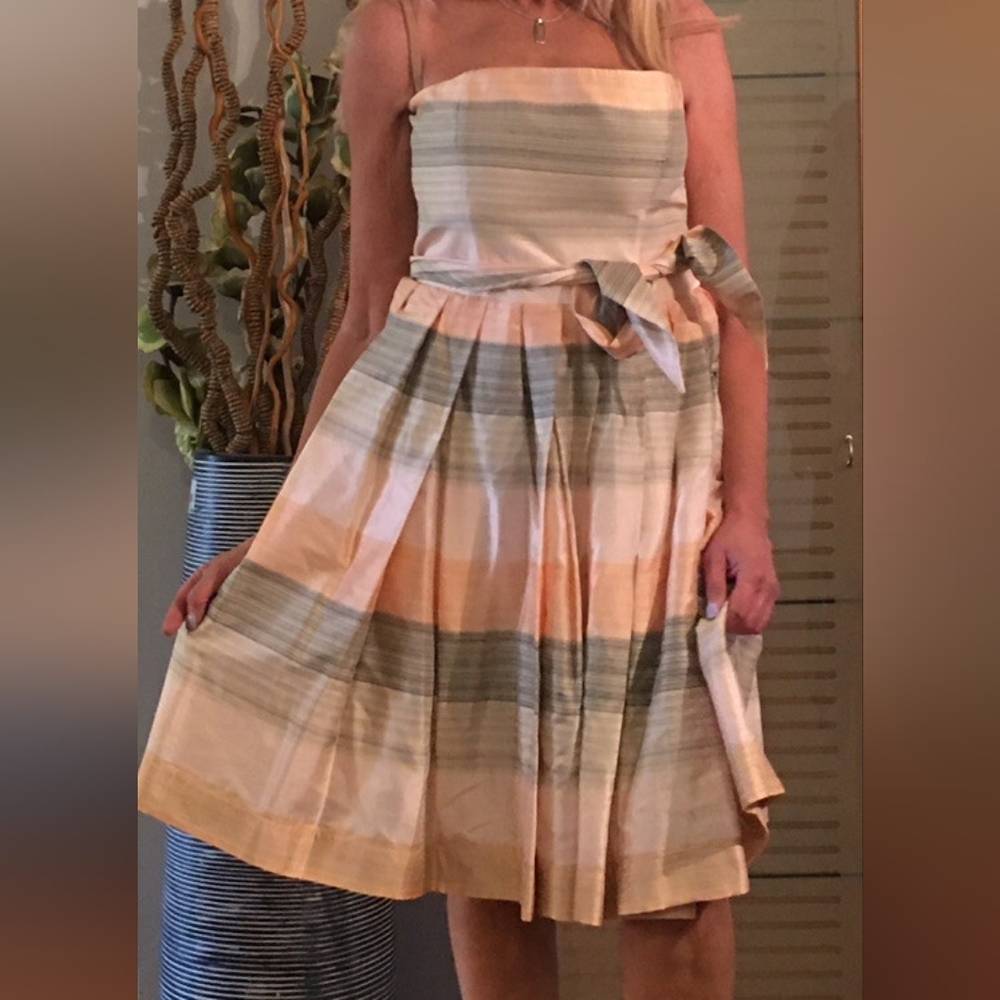 Vintage 90s Armani Collezioni Women's 6 Strapless Pleated Taffeta Striped Dress